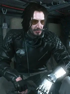 Front view of the Johnny Silverhand Jacket showing the detailed hardware and sleek silhouette.