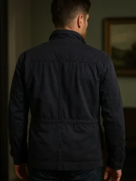 Winchester Blue Jacket showing the rugged back construction and reinforced stitching.