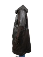 Detailed shot of the Diego Luna Andor Brown Leather Coat with open closure and long sleeves.