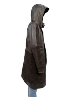 Front view of the Diego Luna Andor Brown Leather Coat featuring a rugged hooded collar.