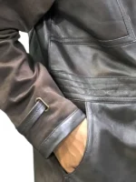 Side profile of the Diego Luna Andor Brown Leather Coat showcasing the tailored sleeve design.