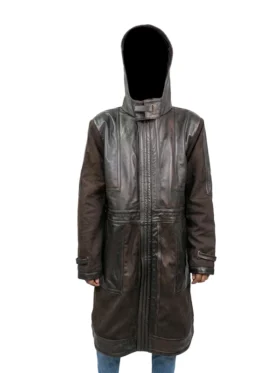 Professional studio photo of the Diego Luna Andor Brown Leather Coat for a classic men's look.