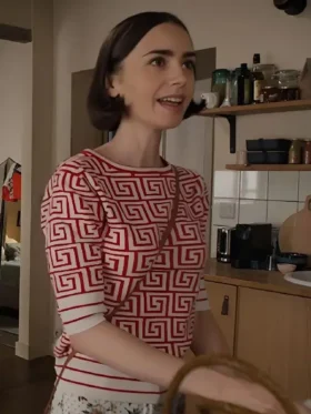 A close-up of the trendy Emily Cooper geometric print top with a modern pattern.