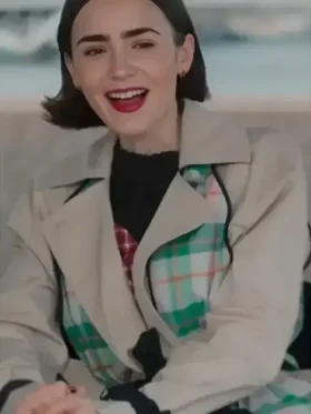 Lily Collins wearing a Plaid Trench Coat in a striking emerald and forest green check pattern.