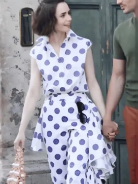 A beautiful polka dots top as seen on Lily Collins in Season 5.