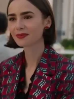 Lily Collins wearing a colorful Printed Blazer with a unique botanical and geometric motif in Emily in Paris S05.