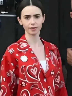 Lily Collins wearing a vibrant Red Paisley Shirt with intricate teardrop patterns in Emily in Paris S05.
