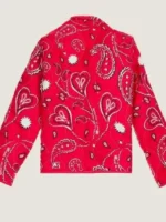 The back view of a Red Paisley Shirt with a flowing silhouette and intricate crimson patterns.