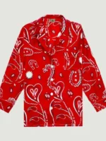 A front view of Lily Collins in a vibrant Red Paisley Shirt featuring a classic button-down design.