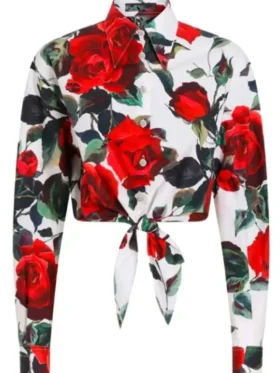 A front view of the Lily Collins rose print shirt featuring a classic collar and hidden button placket.