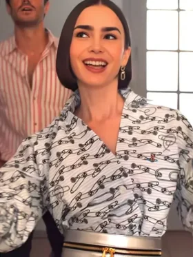Lily Collins as Emily Cooper wearing a white Emily In Paris S05 Lily Collins Safety Pin Printed Shirt For Women.