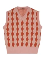 A front view of Samuel Arnold in a pink V-neck Sweater Vest with a ribbed trim and tailored fit.