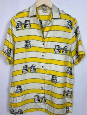 A front view of Samuel Arnold in a Yellow Striped Shirt with a crisp button-up design and tailored fit.