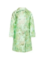 A front view of the Green Floral Jacquard Coat with botanical embroidery and a structured collar.