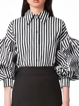 Front view of Lily Collins wearing a chic striped puff sleeve shirt in Season 5.