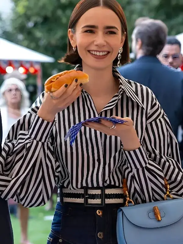 Emily-In-Paris-S5-Lily-Collins-Striped-Puff-Sleeve-Shirt Lily Collins in the stylish striped puff sleeve shirt from Emily in Paris Season 5.
