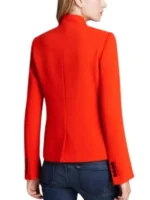 A back view of the Two-Tone Red Blazer worn by Lily Collins, showing the sharp split-color tailoring.
