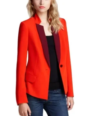 A front view of Lily Collins in a Two-Tone Red Blazer with a gold button and structured shoulders.