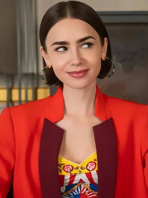 Emily In Paris S5 Lily Collins Two-Tone Red Blazer Lily Collins wearing a Two-Tone Red Blazer with a sharp lapel and structured shoulders in Emily in Paris.