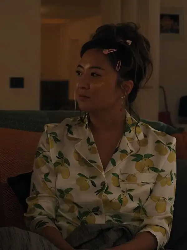 Emily in Paris S05 Ashley Park Lemon Printed Pajamas For Women Ashley Park as Mindy Chen wearing the Emily In Paris S05 Ashley Park Lemon Printed Pajamas For Women.