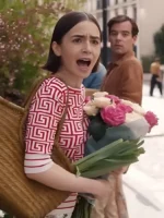 Emily Cooper wearing a stylish geometric print top in Season 5 of the hit show.