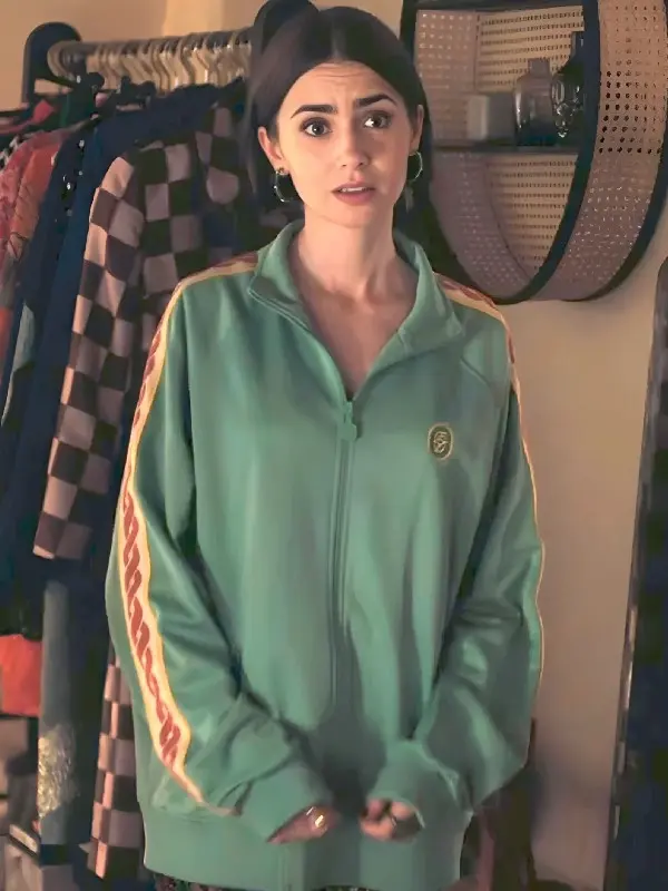 Emily-in-Paris-S05-Lily-Collins-Green-Track-Jacket Lily Collins in the trendy Green Track Jacket from the latest season of the hit series.