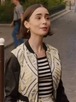 A front-facing shot of the stylish Emily Cooper Jacket featuring unique textures and a tailored fit.