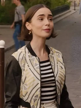 A front-facing shot of the stylish Emily Cooper Jacket featuring unique textures and a tailored fit.