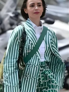 Lily Collins wearing a green and white striped cotton jacket in a scene from Emily in Paris S5.