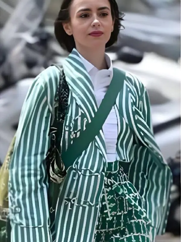 Emily in Paris S5 Lily Collins Green Striped Cotton Jacket Lily Collins wearing a green and white striped cotton jacket in a scene from Emily in Paris S5.