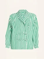 A front view of Lily Collins in a green and white striped jacket from Emily in Paris S5.