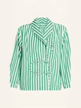 A front view of Lily Collins in a green and white striped jacket from Emily in Paris S5.
