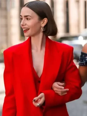 A stylish Lily Collins Red Coat with a wide notched lapel and a sleek longline silhouette.