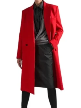 A front view of Lily Collins Red Coat featuring a sleek button closure and structured silhouette.