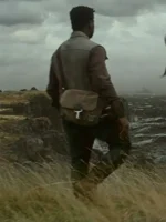 A beige distressed leather vest with a stand-up collar, inspired by Finn in Star Wars.