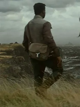 A beige distressed leather vest with a stand-up collar, inspired by Finn in Star Wars.