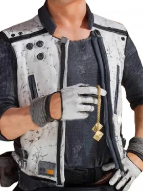 A brown flight jacket paired with a rugged vest inspired by Han Solo’s early adventures.