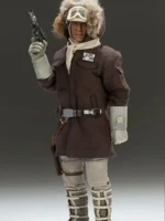 A heavy blue quilted parka with a high collar and hood, modeled after Han Solo’s Hoth outfit.