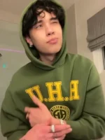 A modern Landon Barker Unisex Green Hoodie featuring an oversized fit and a "punk it boy" distressed aesthetic.