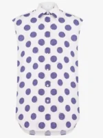 Front view of Lily Collins in a stylish polka dots poplin top with a neat collar.