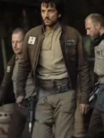A dark brown field jacket with a high collar and shoulder patch inspired by Rogue One.
