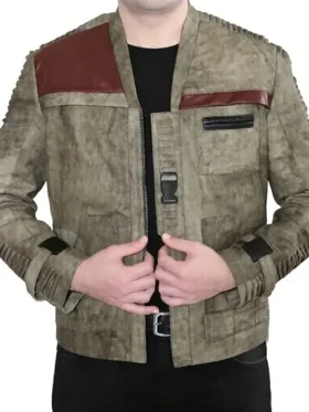 A man wearing a beige and brown jacket with red accents and ribbed sleeves, inspired by Finn.