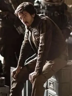 A stylish dark brown jacket with rebel-inspired details and a high-neck collar.