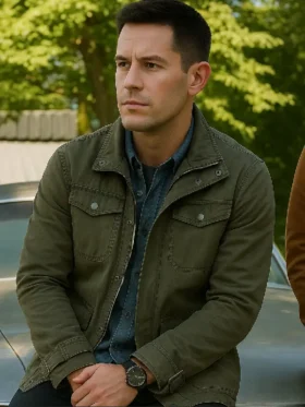 Khaki Green Jacket showcasing the front button closure and functional utility pockets.