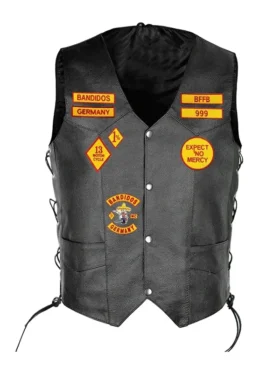 Men's Bandidos Black Leather Motorcycle Vest, laced sides