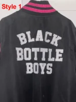 Black Bottle Boy Varsity Satin Jacket, full view, rib trim