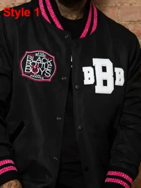 Black Bottle Boy Varsity Satin Jacket, snap closure