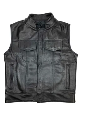 Men's Chicago Outlaw MC leather vest with stand-up collar and chest pockets.