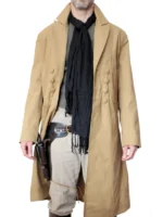 A full-length view of the Clint Eastwood style duster coat in brown.