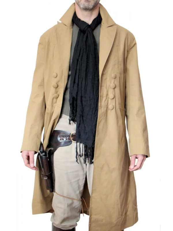 clint-eastwood-duster-coat-full-view A full-length view of the Clint Eastwood style duster coat in brown.